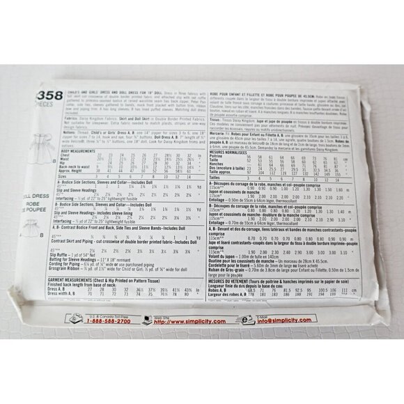 Simplicity 8358 Sewing Pattern Girls Party Dress & Matching Doll Dress Size 7 8 - Picture 3 of 3